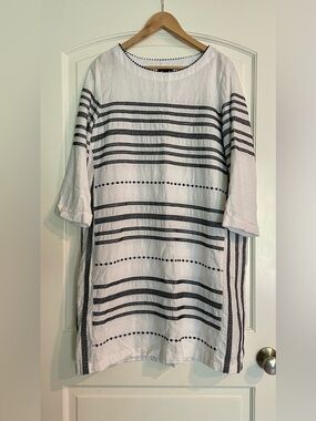 For Cynthia White Tunic Midi Linen Blend Dress with Black Stripes Size L